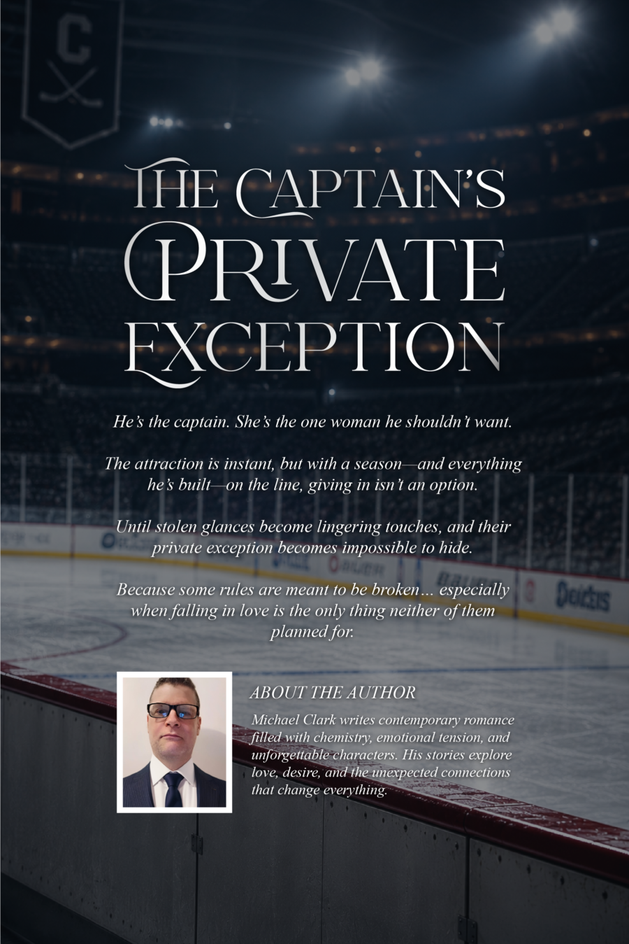Back cover over an empty ice rink, carrying the book blurb and a short author biography.